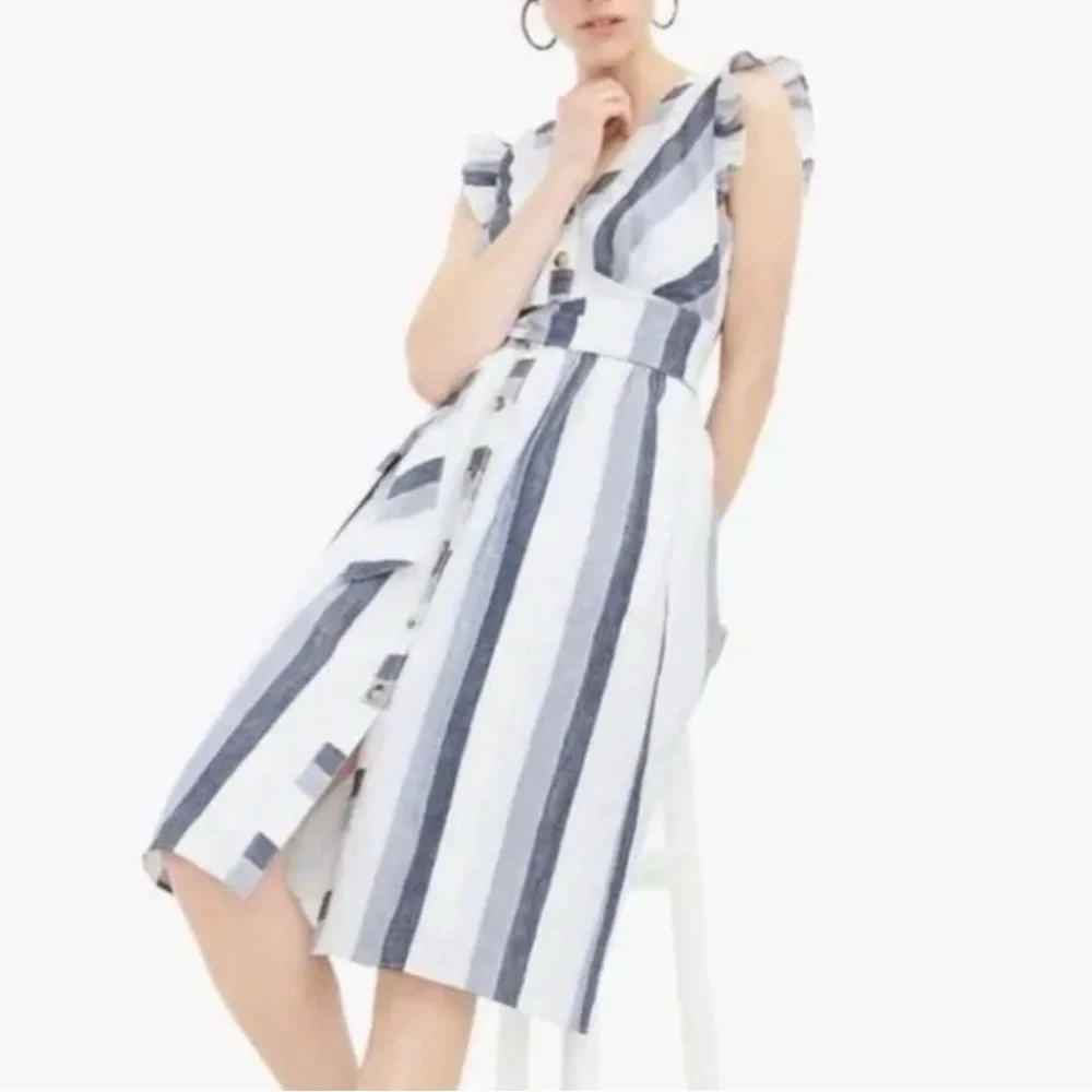 J Crew Point Sur Indigo Striped 100% Linen Midi Dress Button Resort Women’s US 6
